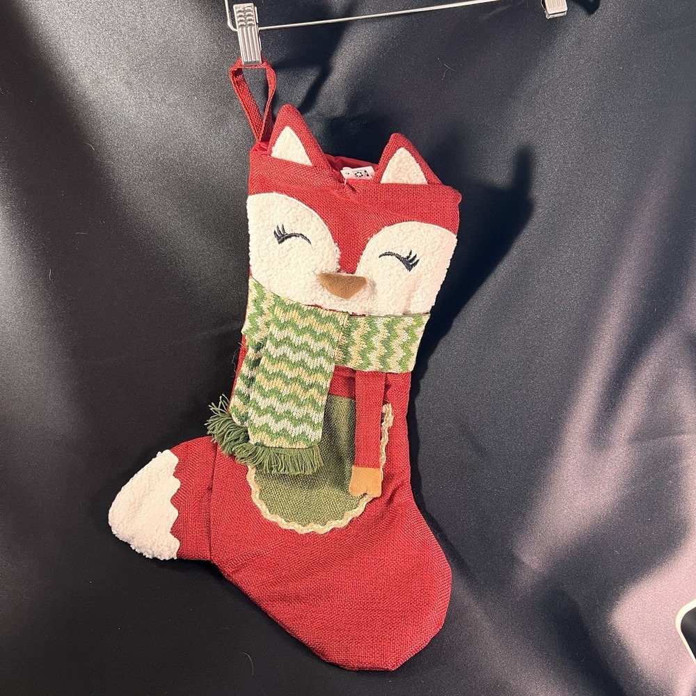 Holiday Time Burlap Fox Christmas Stocking Red OS NEW Woodland Sherpa WM235649